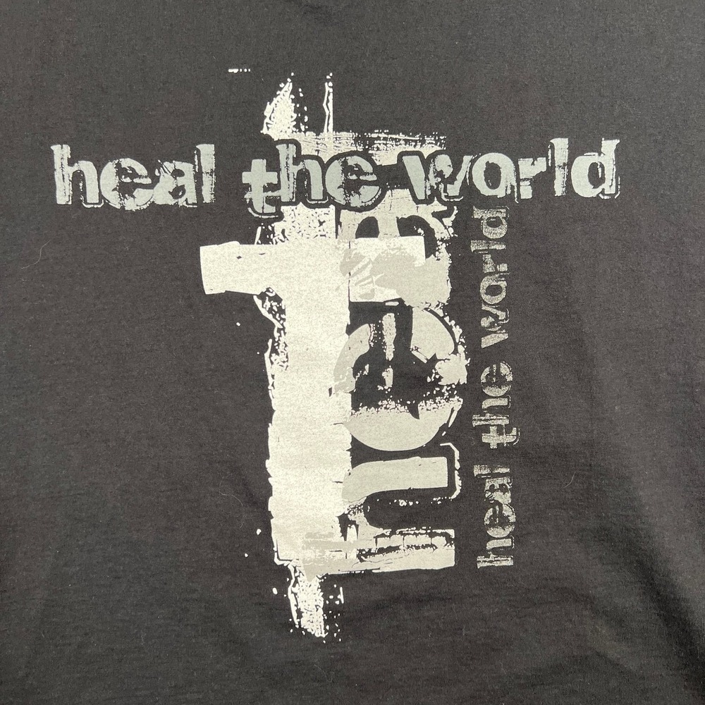 VTG Heal The World Jesus Cross God T-Shirt Mens 2XL‎ Faded Black Revalation Y2K - Picture 8 of 9